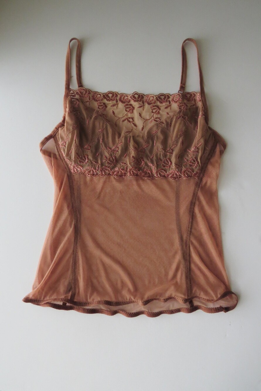 Vintage Italian Brown Mesh Embroidered Camisole, 2000s Intimissimi
